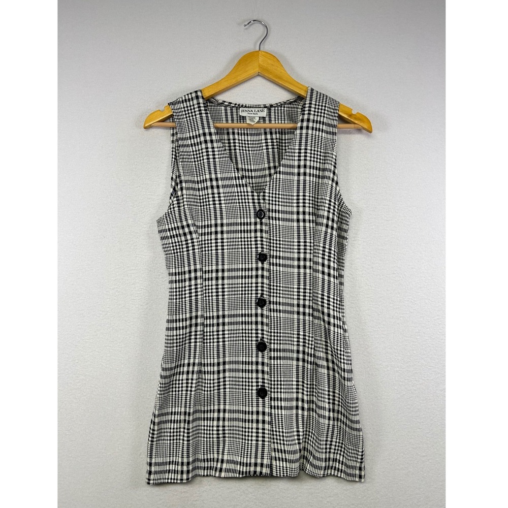 90s Vintage Jenna‎ Lane Womens Small Black White Plaid Button Front Tunic Vest